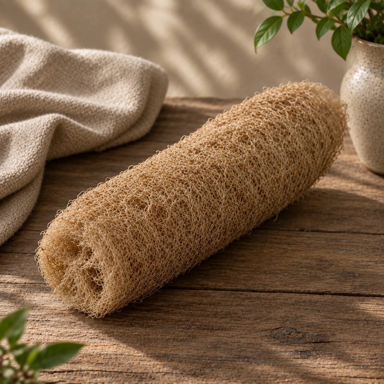 Whole natural loofah sponge for exfoliating or cutting into soap embeds, on a wooden table