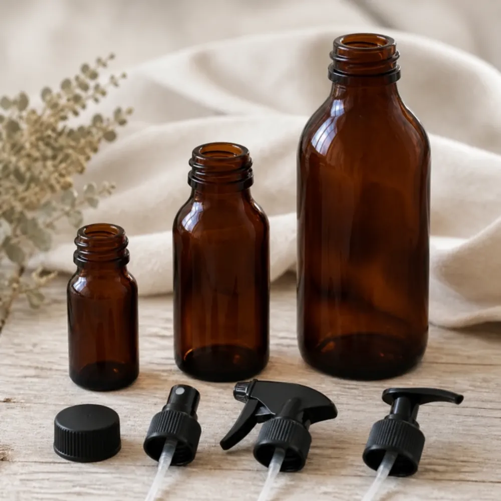Amber glass bottle with a 28/410 neck in 50ml, 100ml and 500ml, with optional caps or spray tops