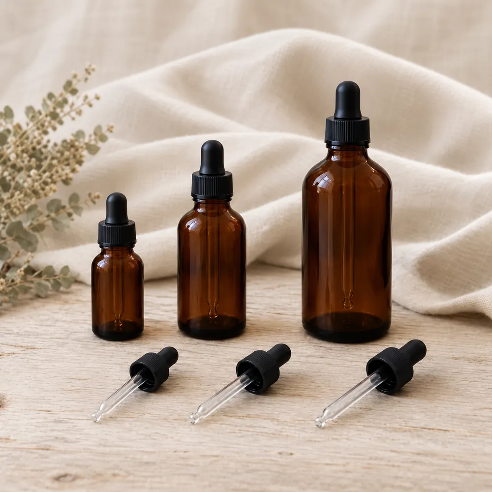 Amber glass bottles with dropper pipette lids in 3 sizes