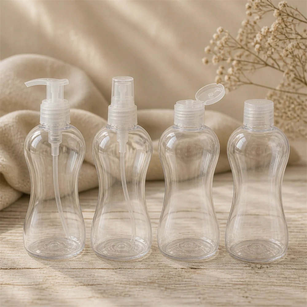Four clear PET Bella bottles fitted with natural translucent closures: lotion pump, mist spray, flip cap and screw cap