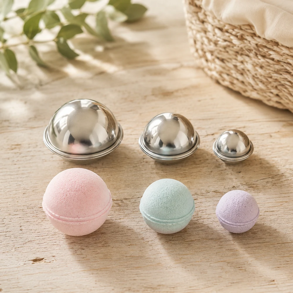 Metal fizz ball bath bomb moulds with finished bath bombs