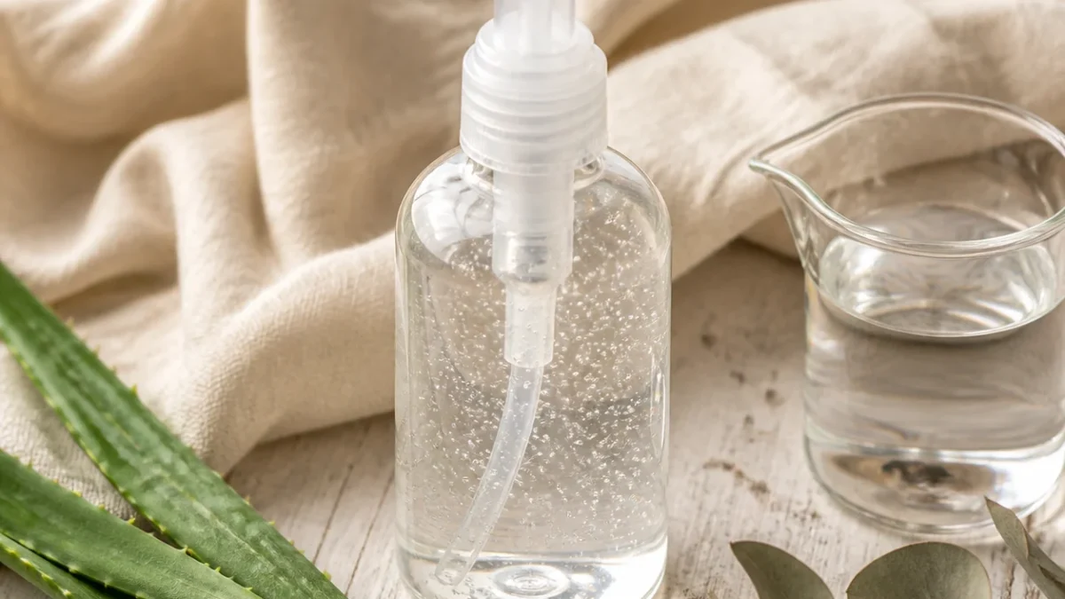 Homemade hand sanitiser gel in a clear pump bottle with fresh aloe vera and a glass jug of ethanol on a pale wooden table