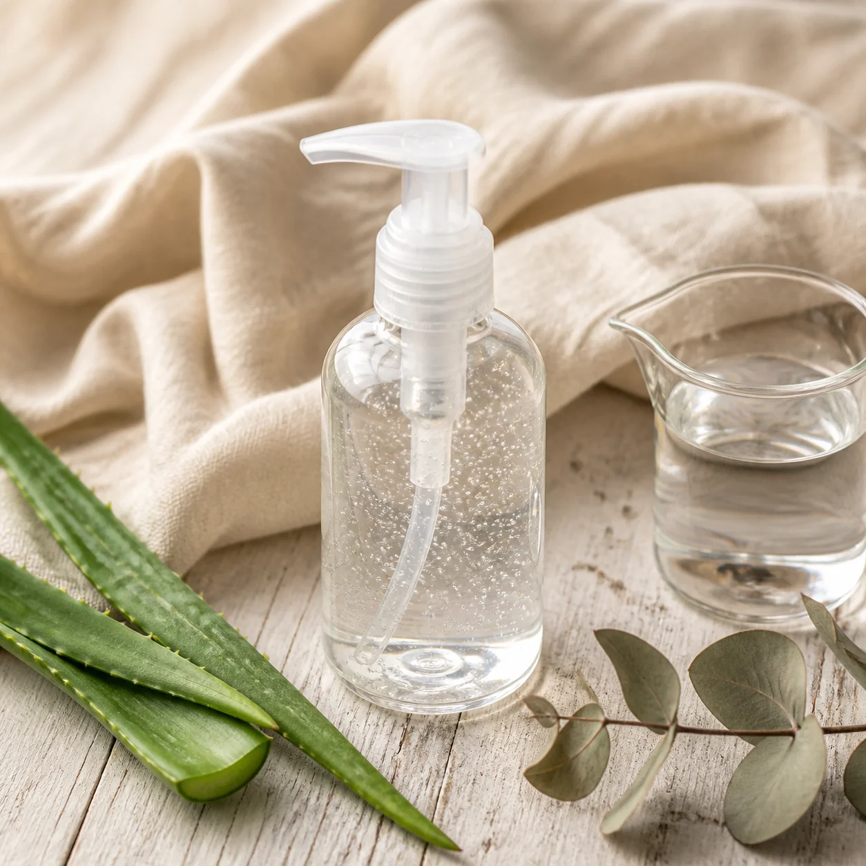 Homemade hand sanitiser gel in a clear pump bottle with fresh aloe vera and a glass jug of ethanol on a pale wooden table