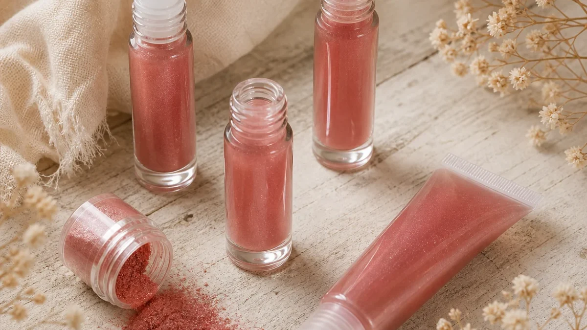 Homemade rose tinted lip gloss in glass roller ball bottles and a squeeze tube beside a small pot of pink mica powder