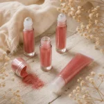 Homemade rose tinted lip gloss in glass roller ball bottles and a squeeze tube beside a small pot of pink mica powder