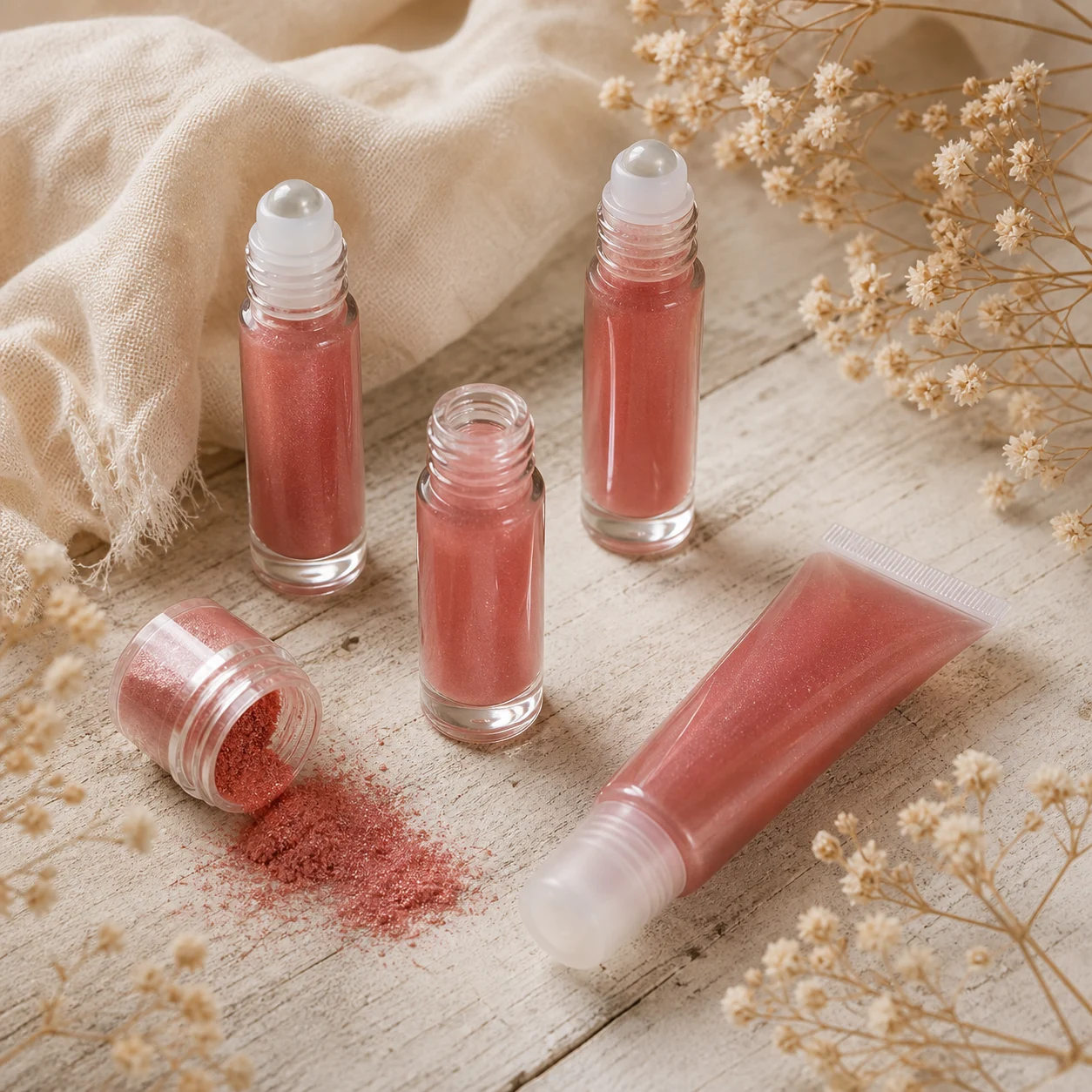 Homemade rose tinted lip gloss in glass roller ball bottles and a squeeze tube beside a small pot of pink mica powder