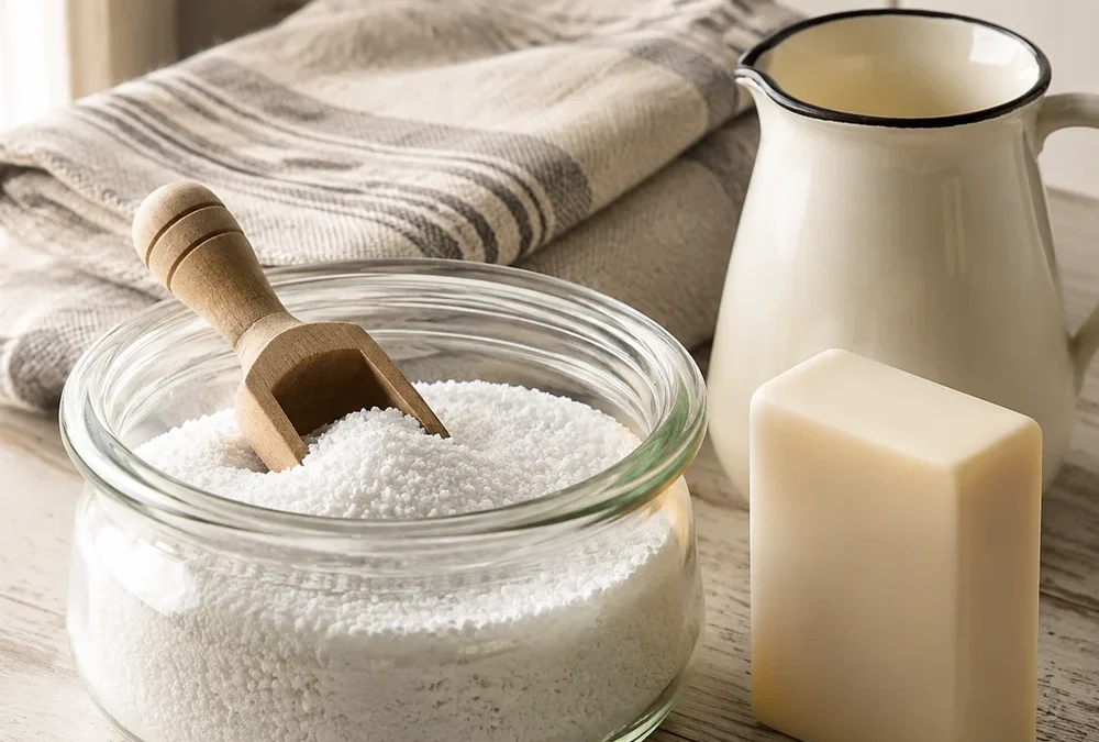 Homemade laundry powder in a glass jar with a wooden scoop, a bar of soap and an enamel jug, The Soap Barn