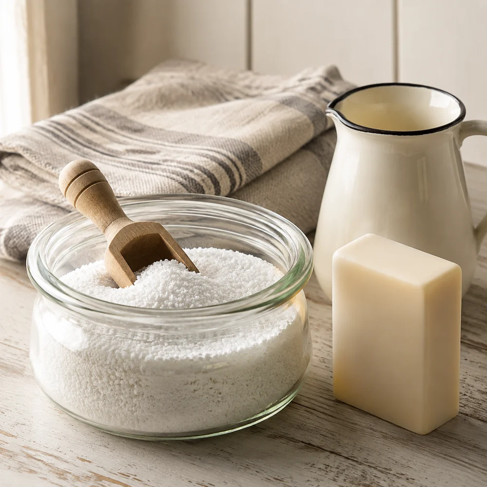 Homemade laundry powder in a glass jar with a wooden scoop, a bar of soap and an enamel jug, The Soap Barn