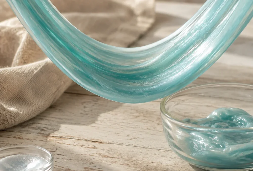 Homemade slime stretched into a loop in pale turquoise, with a glass bowl of slime on a wooden table, The Soap Barn