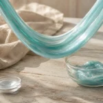 Homemade slime stretched into a loop in pale turquoise, with a glass bowl of slime on a wooden table, The Soap Barn