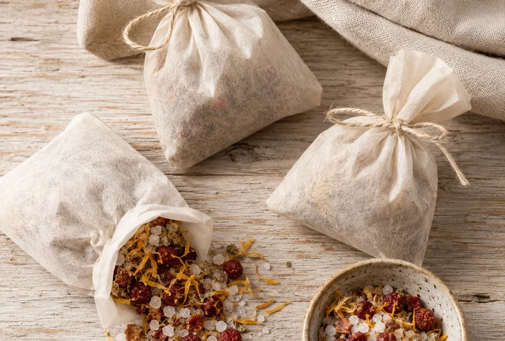 Homemade botanical bath tea bags in cotton drawstring pouches with dried petals, berries and bath salts, The Soap Barn