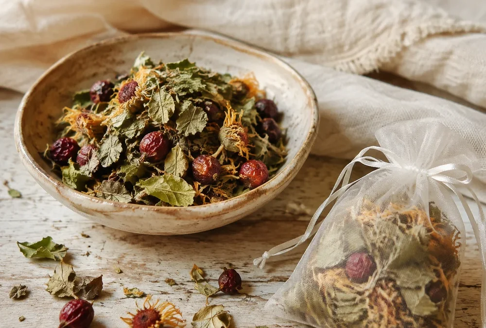 Homemade botanical potpourri in a wooden bowl of dried leaves, berries and petals with a filled organza bag, The Soap Barn