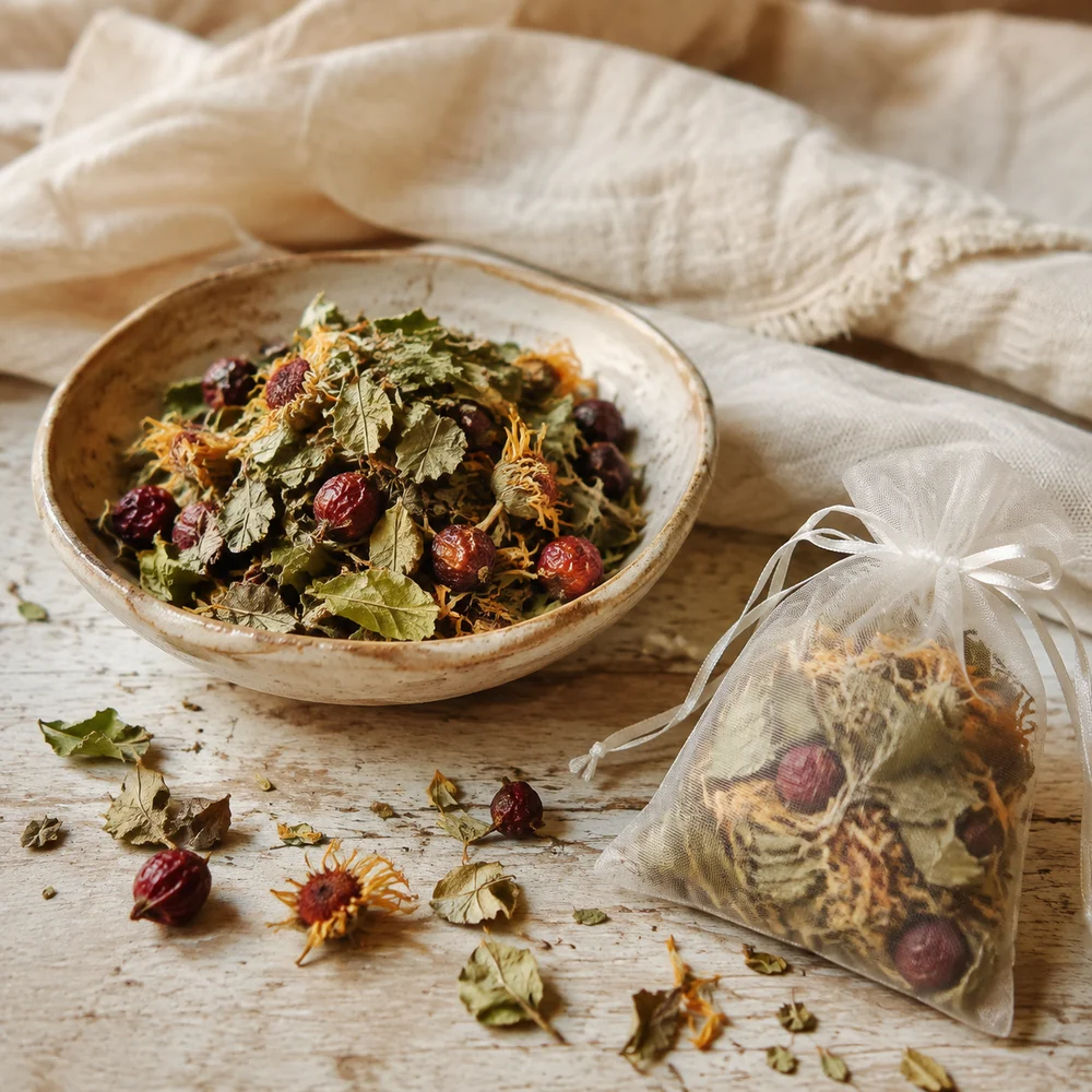 Homemade botanical potpourri in a wooden bowl of dried leaves, berries and petals with a filled organza bag, The Soap Barn