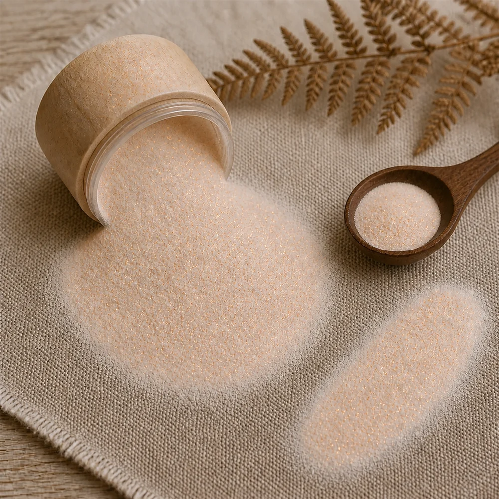 Mica Copper Sparks 10ml - cream pearl mica powder with copper sparkle pouring from a tub with a swatch, The Soap Barn