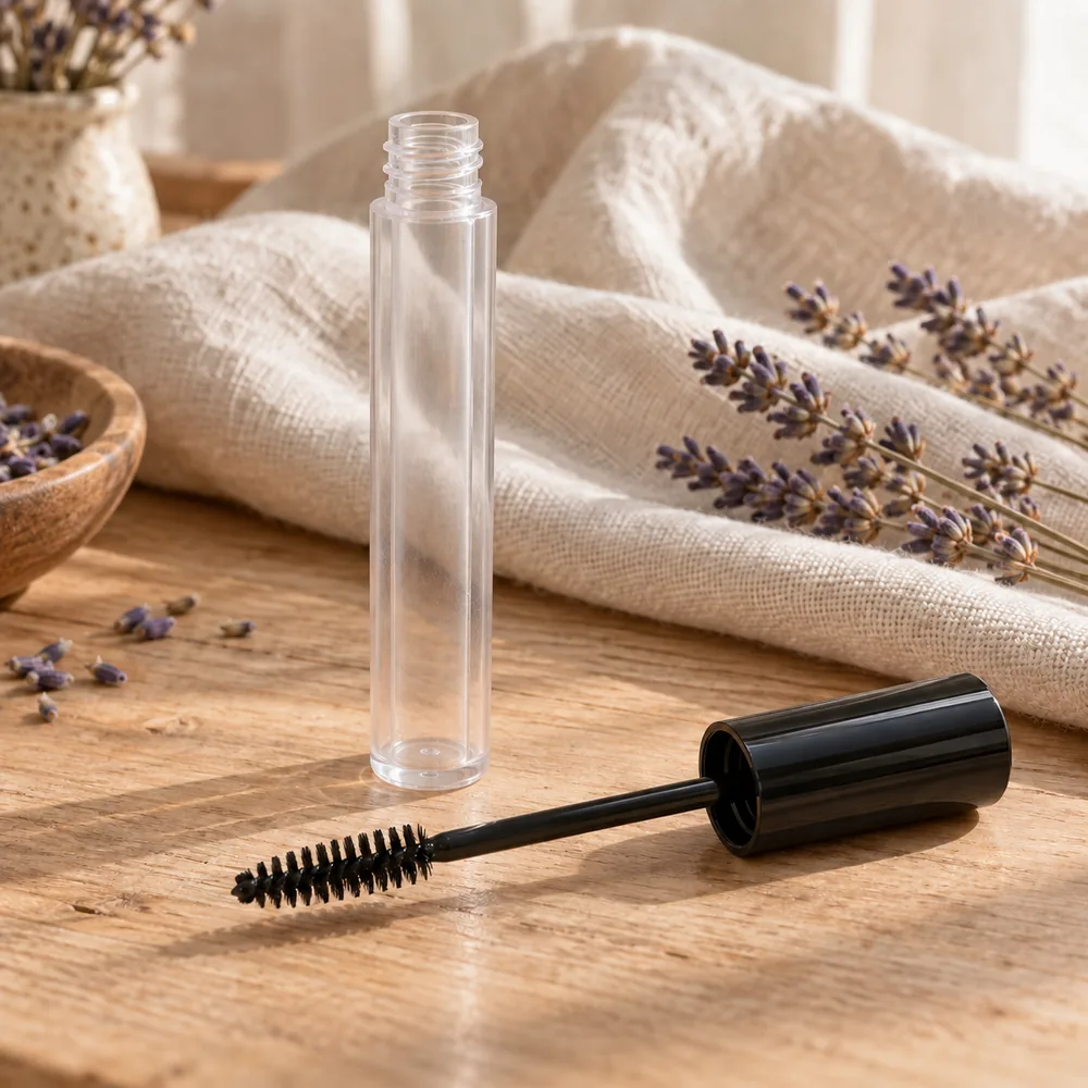 Empty 5ml clear mascara bottle with black mascara brush applicator, for filling with homemade mascara