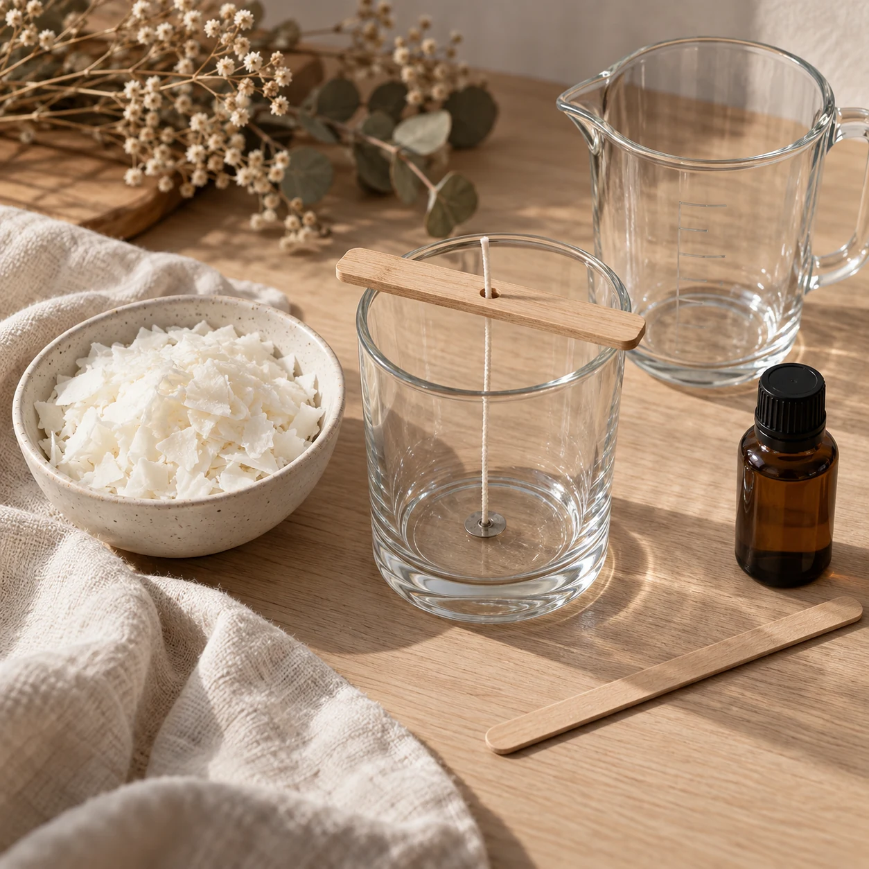 Soy wax flakes, a glass candle container with a wick held centred by a wooden wick holder, a measuring jug and a bottle of fragrance oil