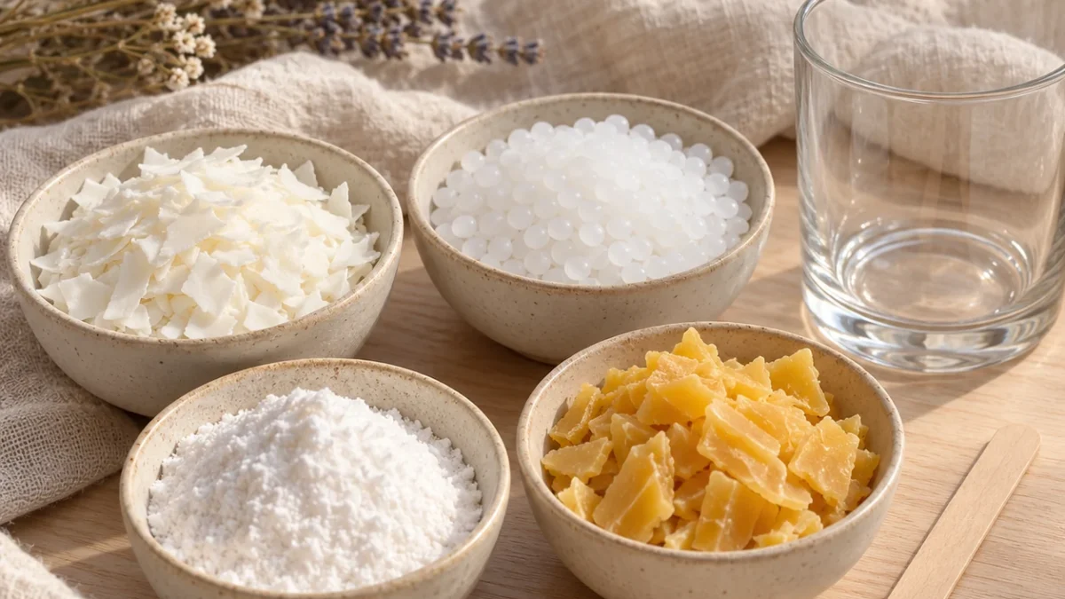 Bowls of soy wax flakes, white paraffin wax beads, powder candle wax and golden beeswax chips beside a glass candle container