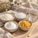 Bowls of soy wax flakes, white paraffin wax beads, powder candle wax and golden beeswax chips beside a glass candle container