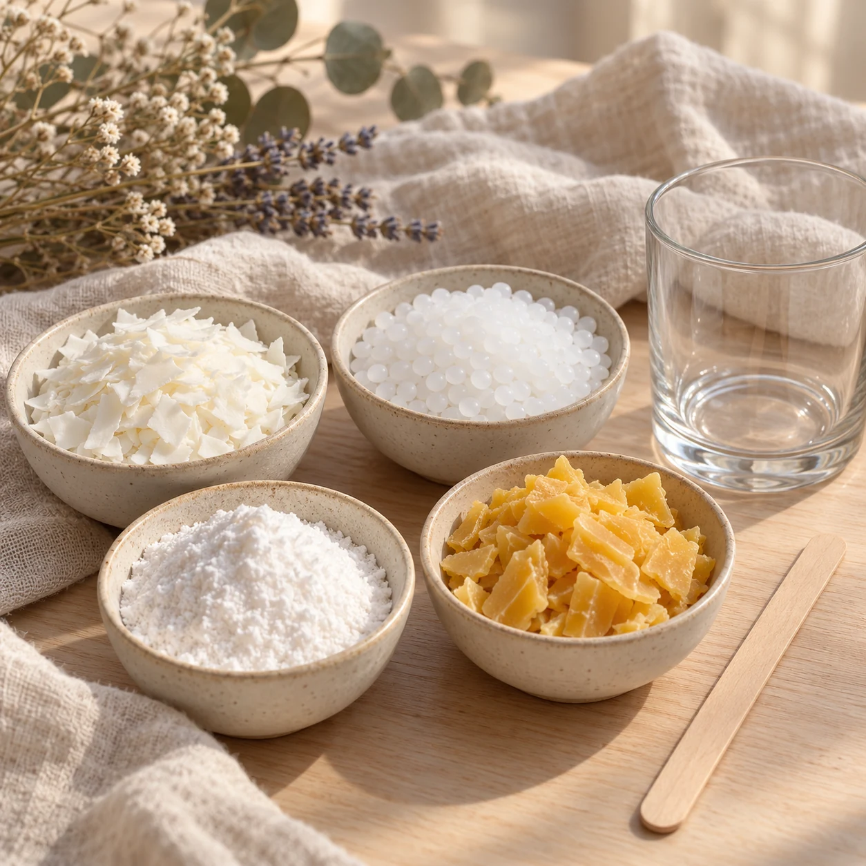Bowls of soy wax flakes, paraffin beads, powder candle wax and beeswax