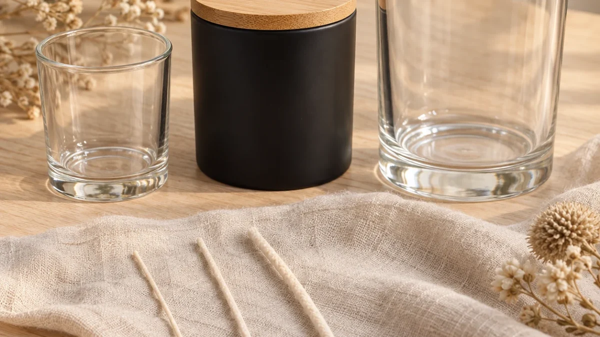 Three cotton candle wicks in different thicknesses with metal sustainers, beside a 95ml glass container, a black jar with bamboo lid and a 250ml glass container