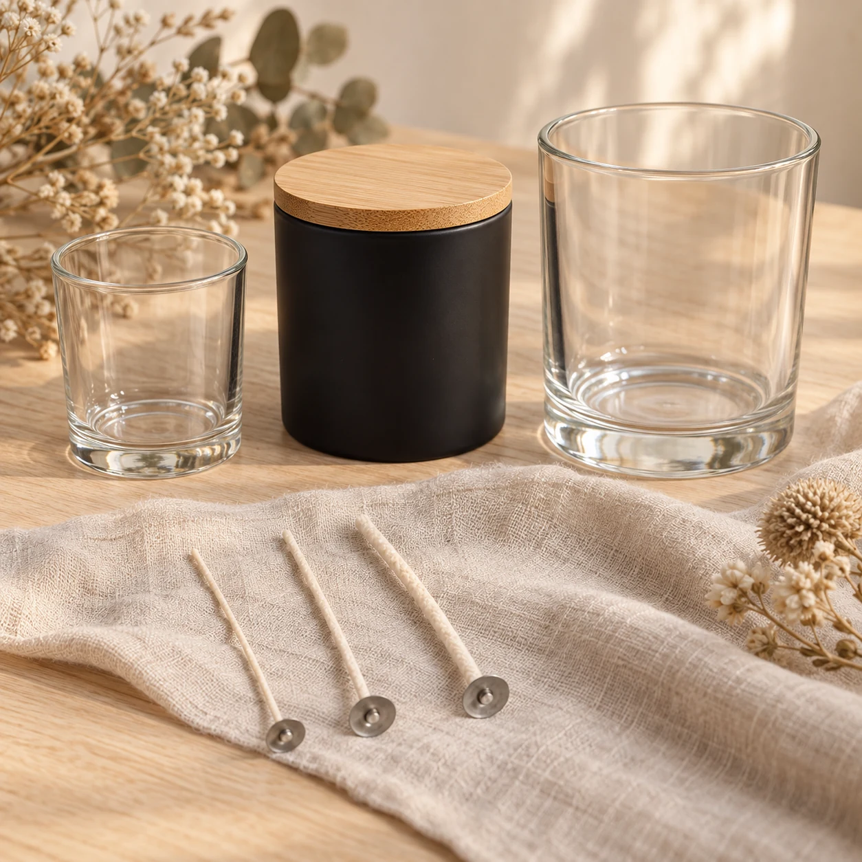 Three candle wicks in different thicknesses beside three candle containers