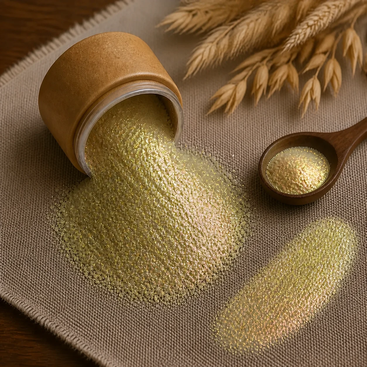 Mica Chameleon Glitter 10ml - khaki gold glitter mica powder shifting to green and bronze pouring from a tub with a swatch, The Soap Barn