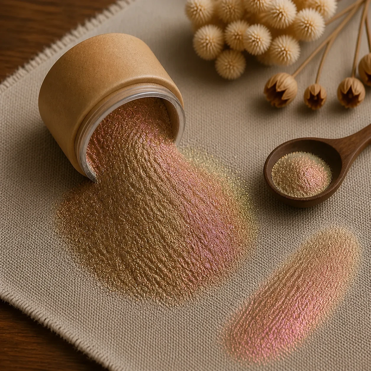 Mica Chameleon Rona 10ml - copper brown colour shift mica powder pouring from a tub with a swatch, The Soap Barn
