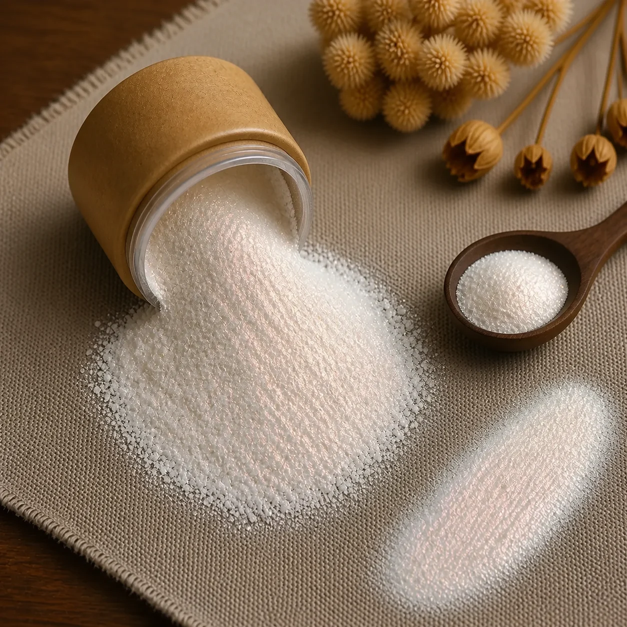 Mica Rona Flair 10ml - ivory pearl mica powder with a warm peach sheen pouring from a tub with a swatch, The Soap Barn