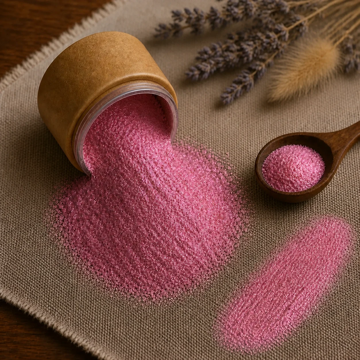 Mica Rose Pink 10ml - deep rose pink mica powder pouring from a tub with a swatch, The Soap Barn