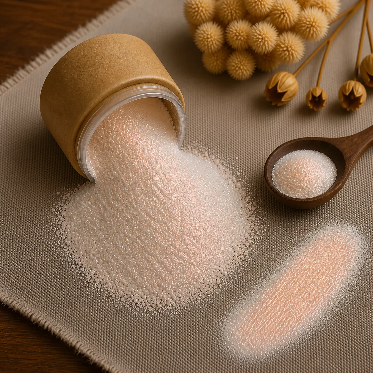Mica Splendid Copper 10ml - pale champagne mica powder with a copper sheen pouring from a tub with a swatch, The Soap Barn