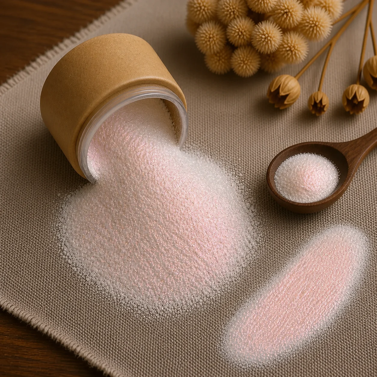 Mica Super Red 10ml - white pearl mica powder with a warm red sheen pouring from a tub with a swatch, The Soap Barn