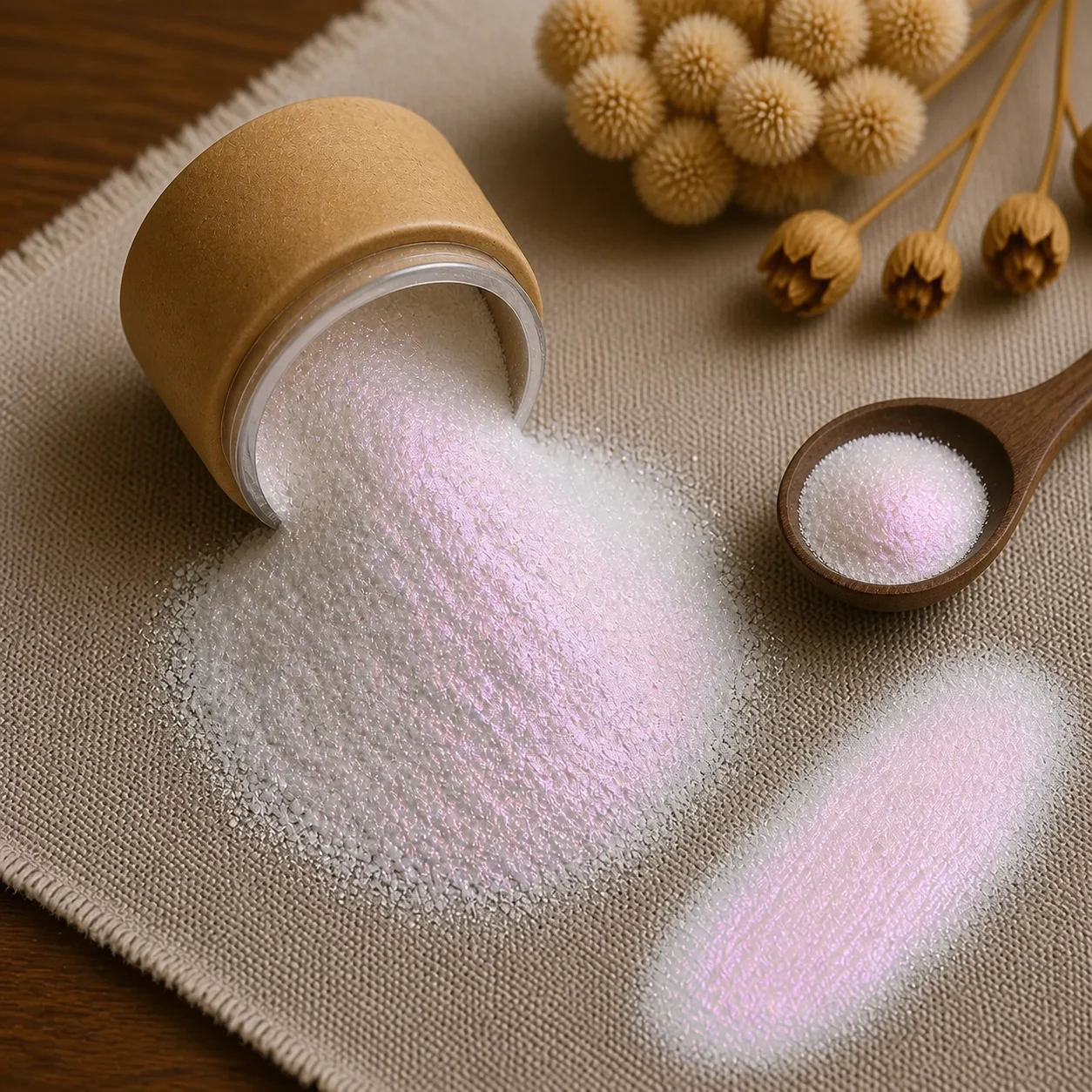 Mica Super Violet 10ml - white pearl mica powder with a lilac violet sheen pouring from a tub with a swatch, The Soap Barn