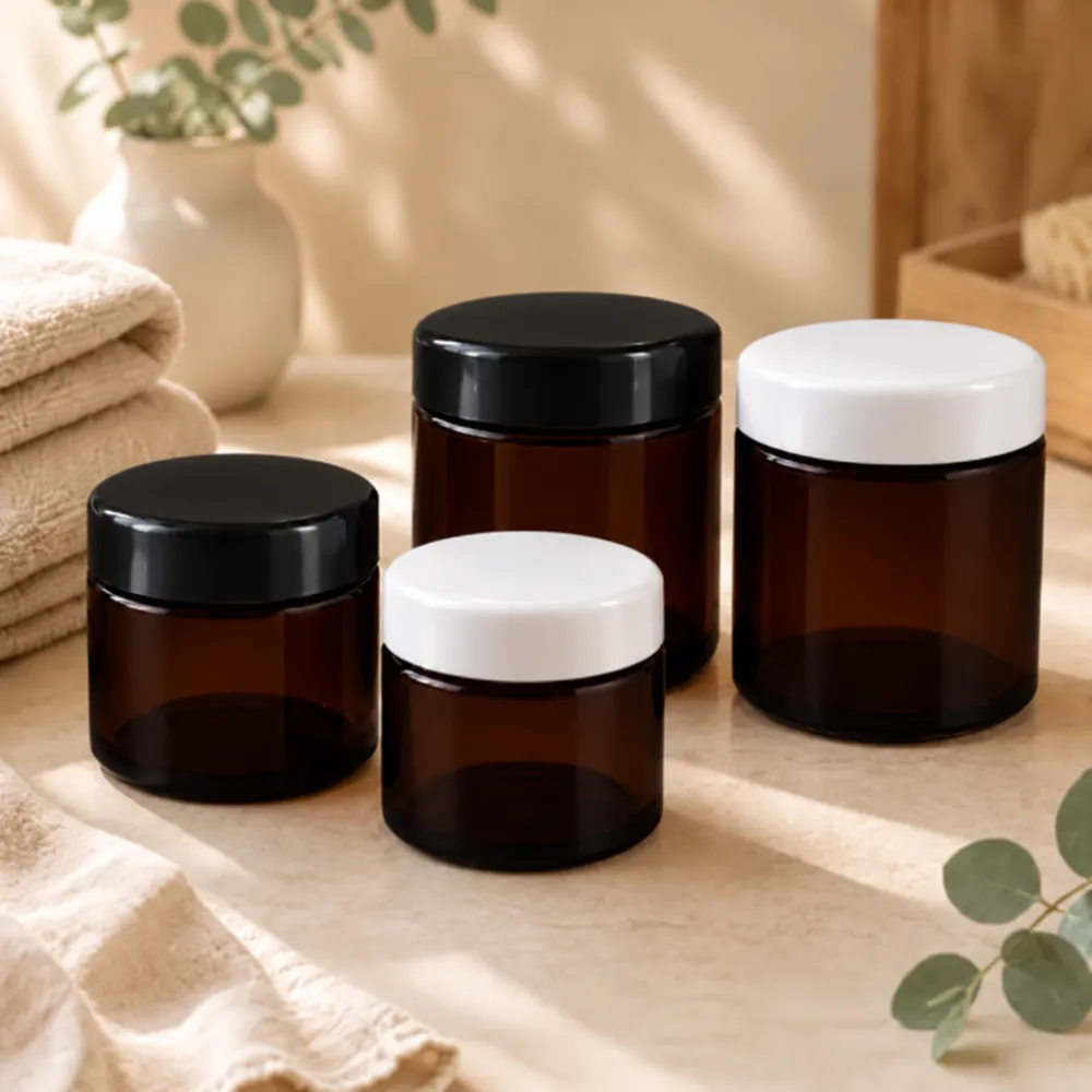 Amber PET plastic lotion jars in 250ml and 350ml with black and white screw lids